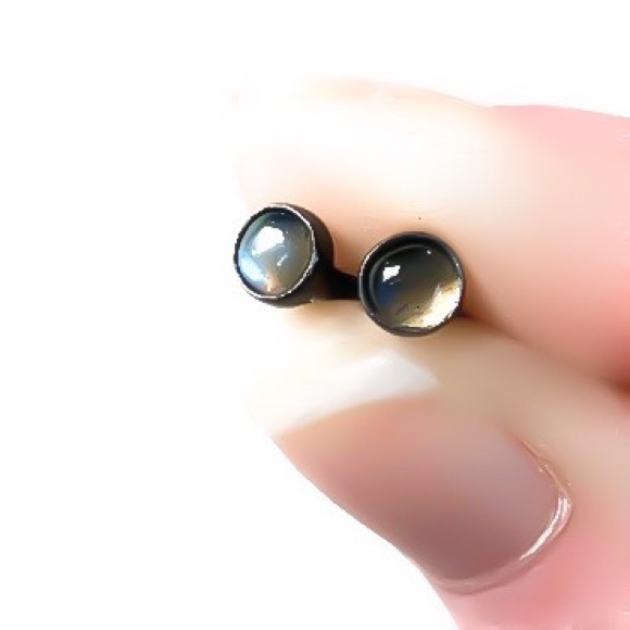 Oxidized Black 925 Sterling Silver 4MM Genuine Flash Labradorite Stud Earrings - Picture 2 of 10